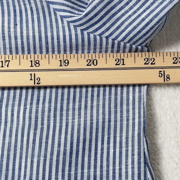 Jones & Co Linen Blend Hooded Jacket Womens Sz L Blue Striped Roll Tab Sleeves - Picture 9 of 11